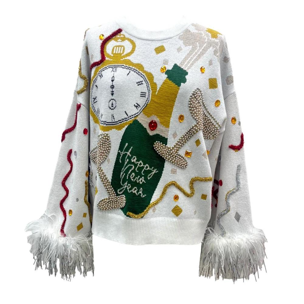 NEW QUEEN OF SPARKLES oversized champagne popping feather sweater in white - Picture 7 of 7